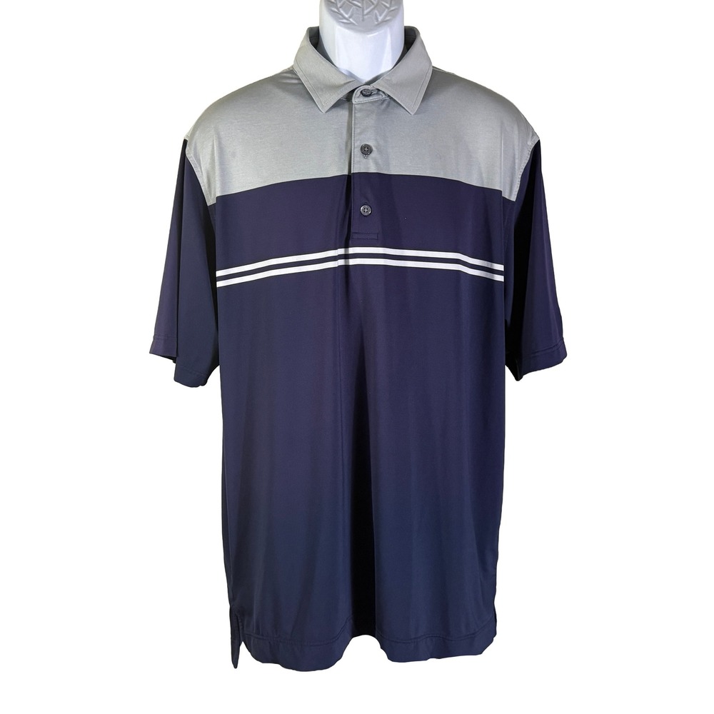 FootJoy‎ Polo Shirt Mens Large Navy Grey Colorblock Striped Golf Performance Top